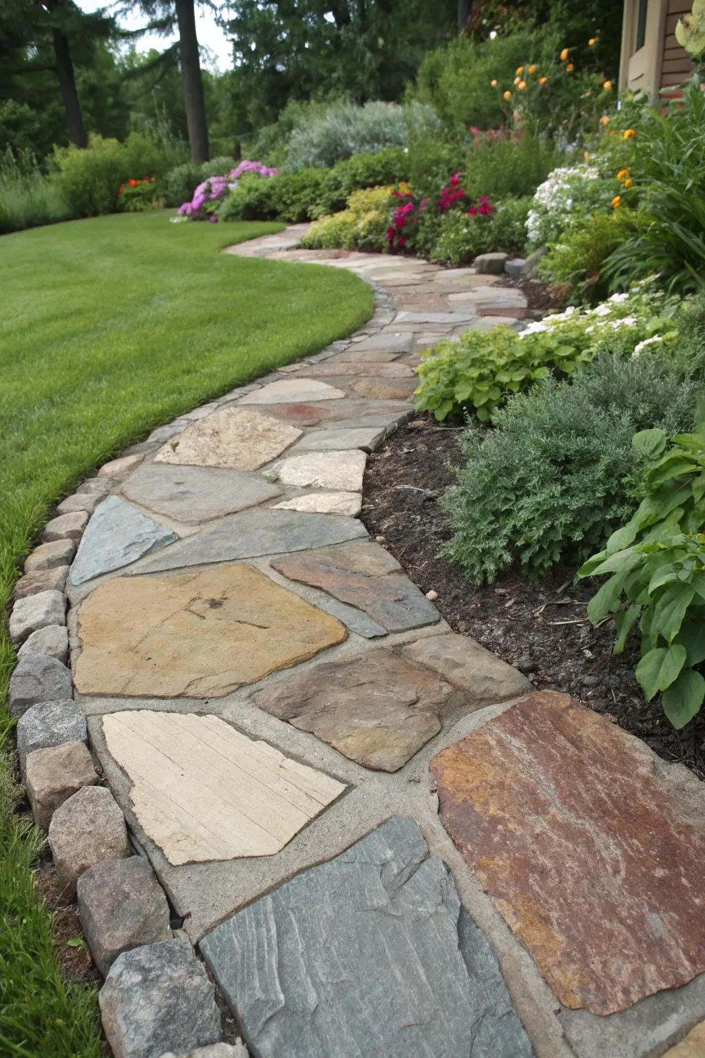 Diverse flagstone colors and textures enhance garden aesthetics.