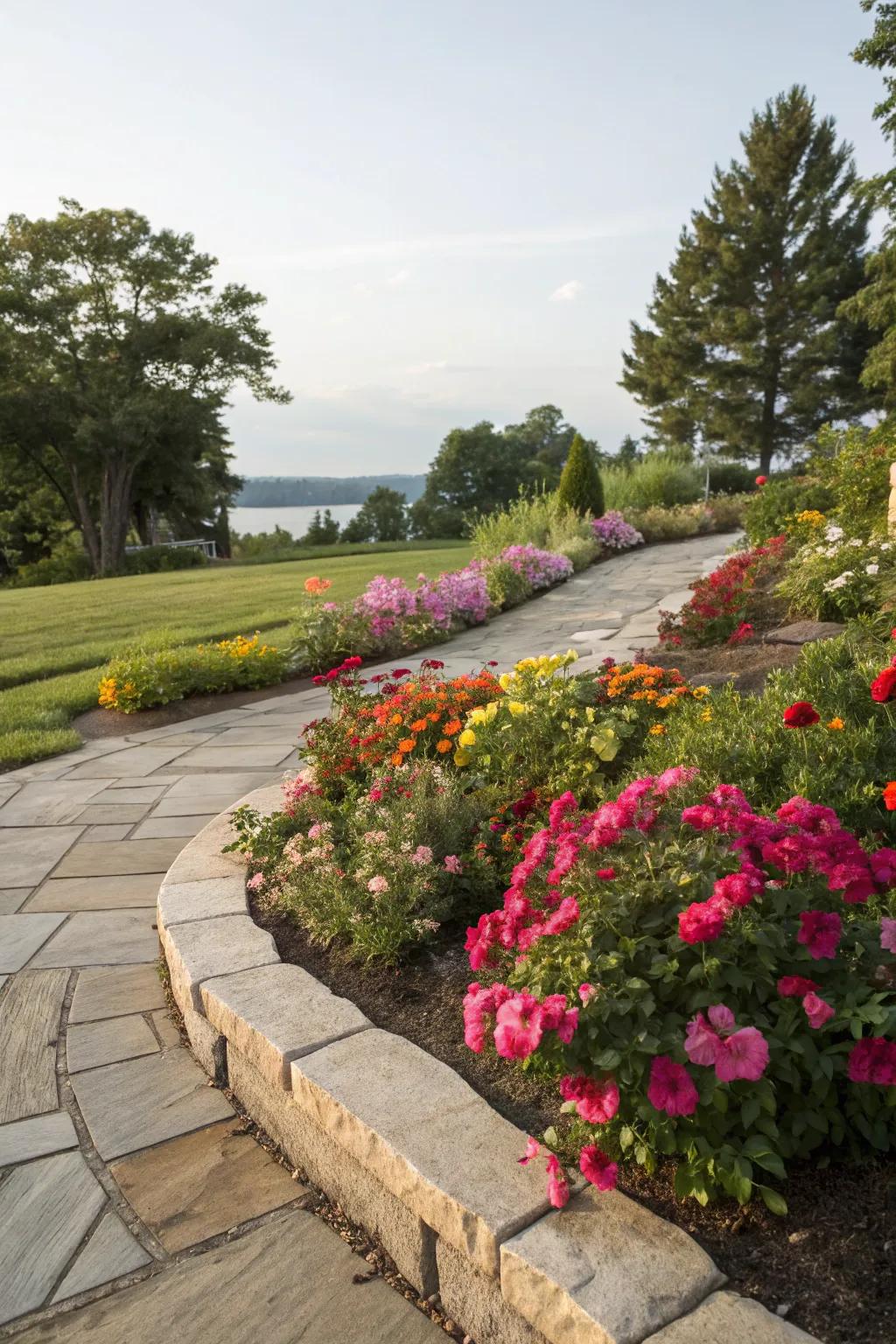 Flagstone borders providing a neat edge to a flower bed.