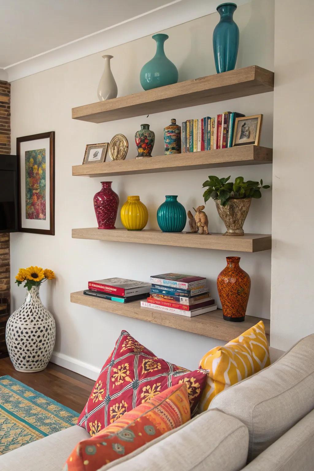 Colorful accents adding vibrancy to floating shelves