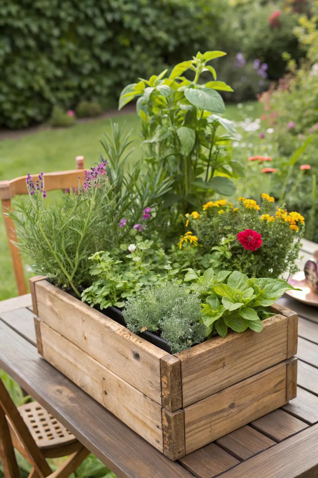 A garden-themed structure showcased inside a countryside-themed planter box.