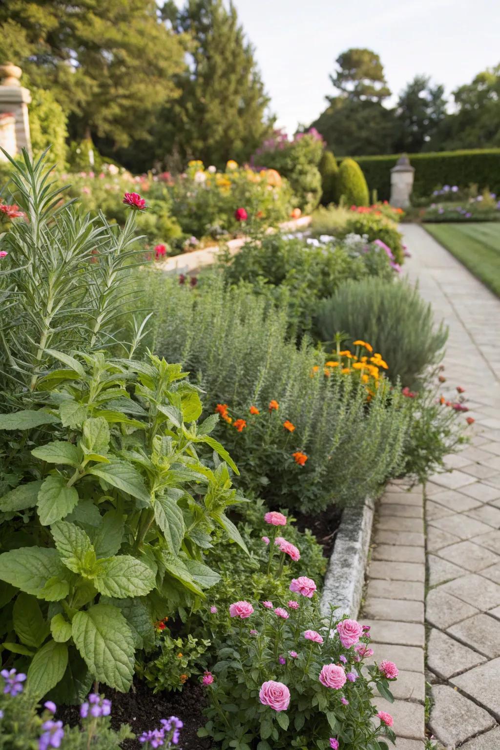 A practical and beautiful flower border featuring edible herbs such as mint and rosemary.