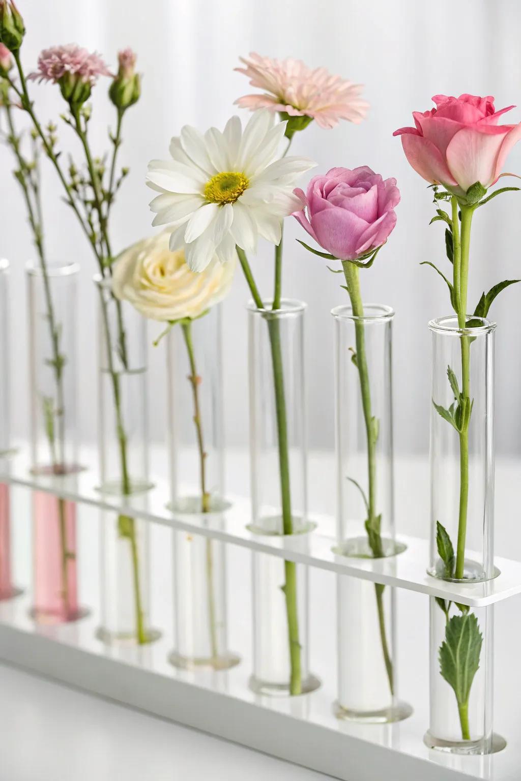 Highlight individual blooms with minimalist test tube vases.