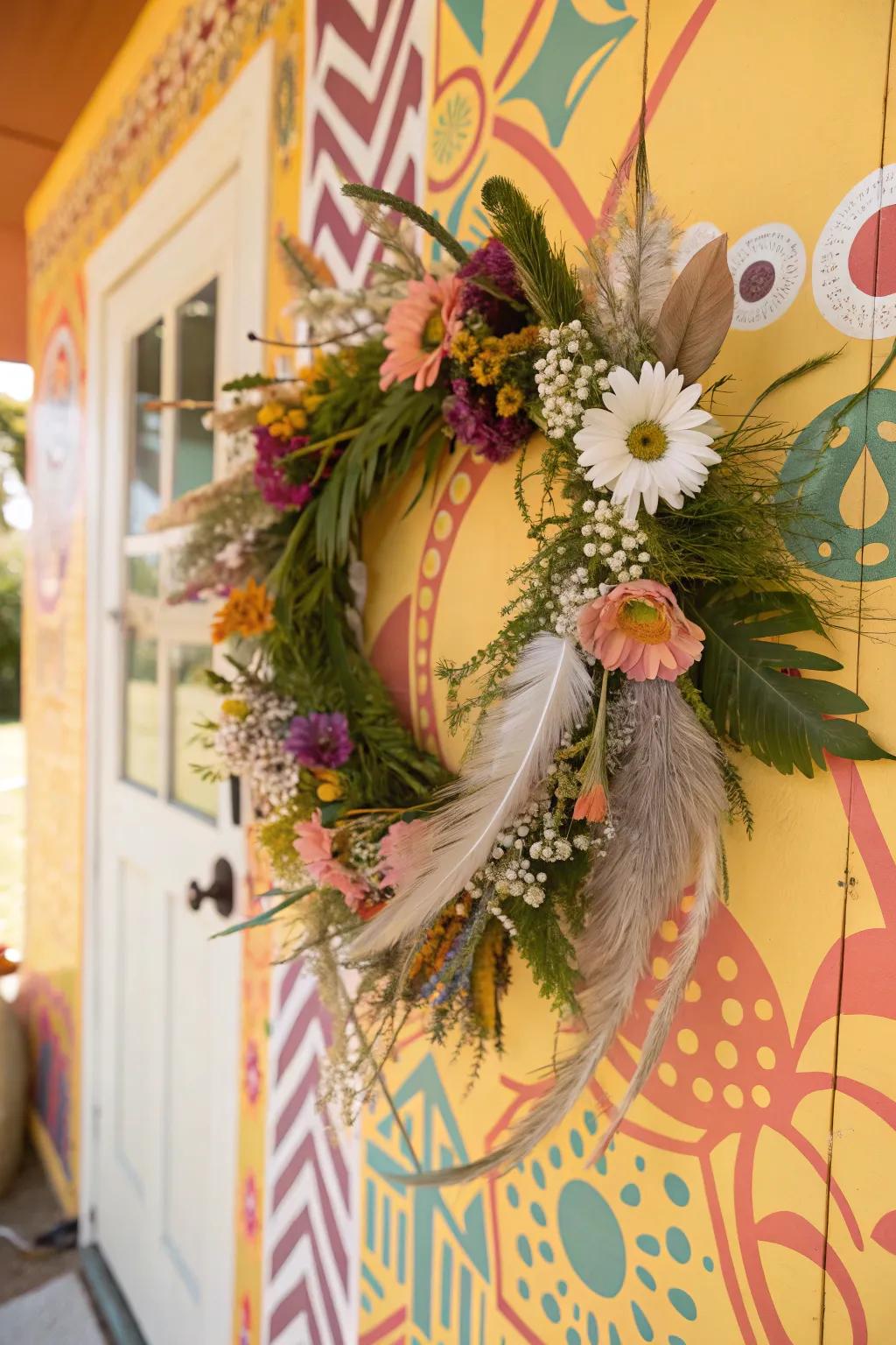 Indie spirit radiates from this feather and wildflower wreath.
