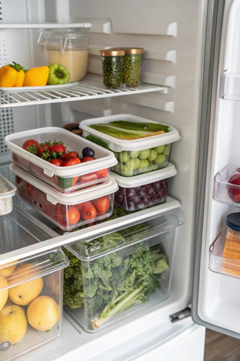 Stackable bins provide additional storage space in the fridge.