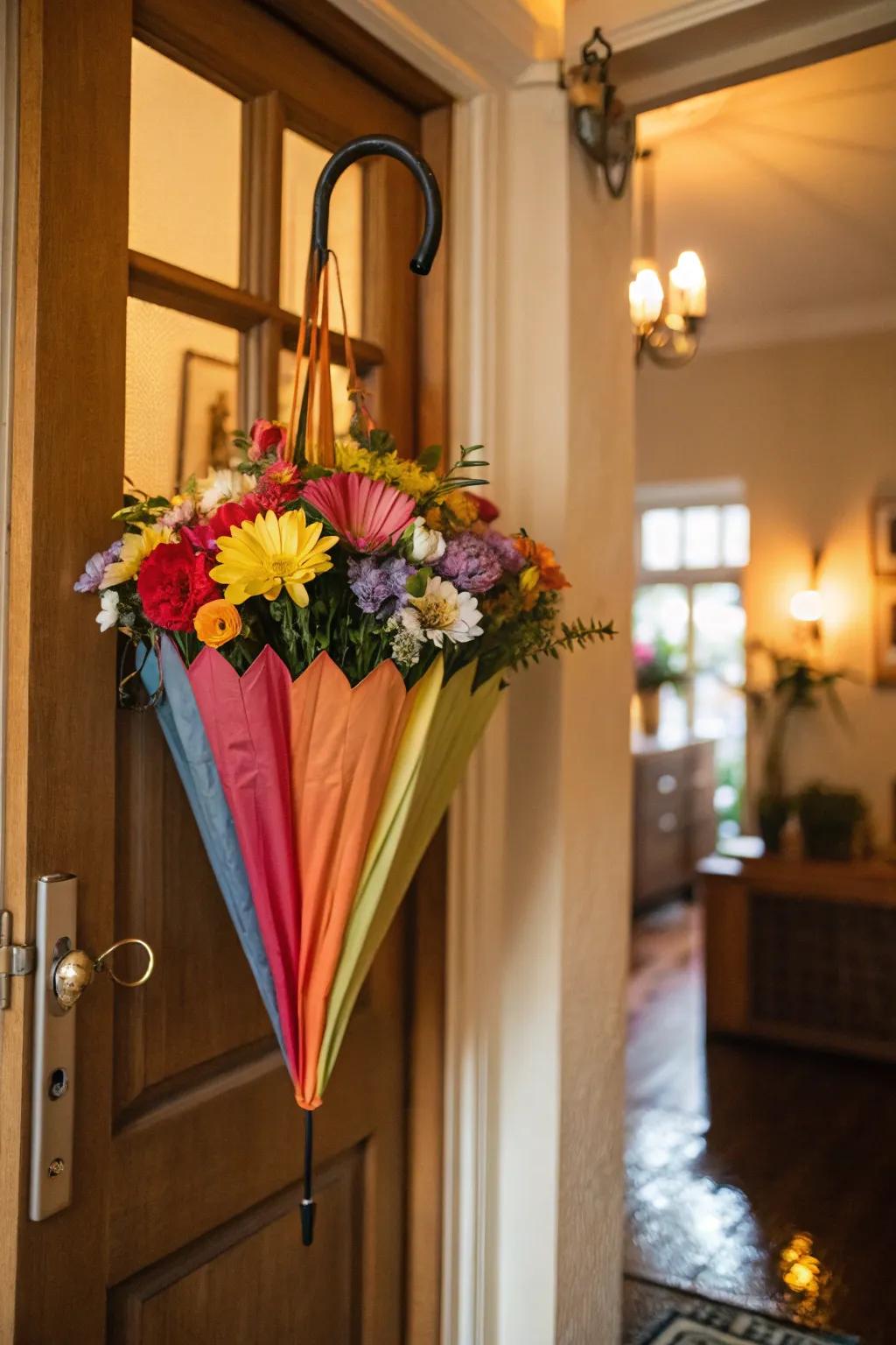 A whimsical umbrella wreath adding a playful flourish to your entrance.
