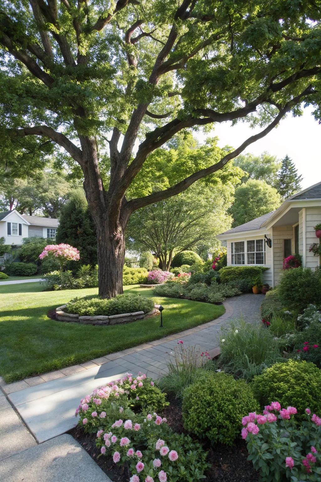 Larger natural elements like trees add depth and character.