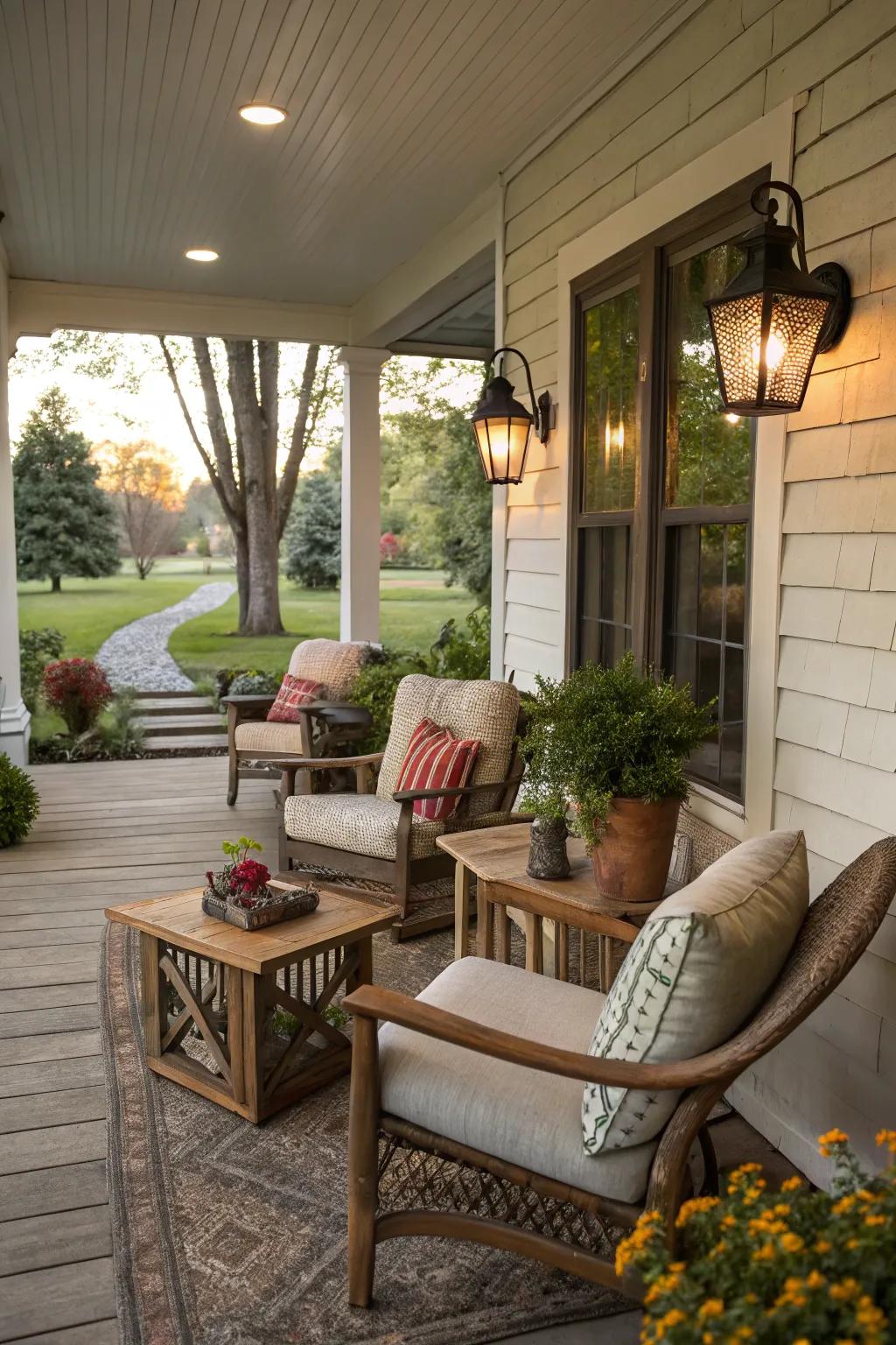 Snug exterior furnishings that amplify the dwelling expanse onto the porch.