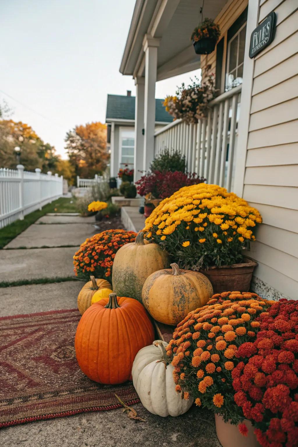 Pumpkins and flora formulate a kaleidoscopic, inviting porch exhibit.