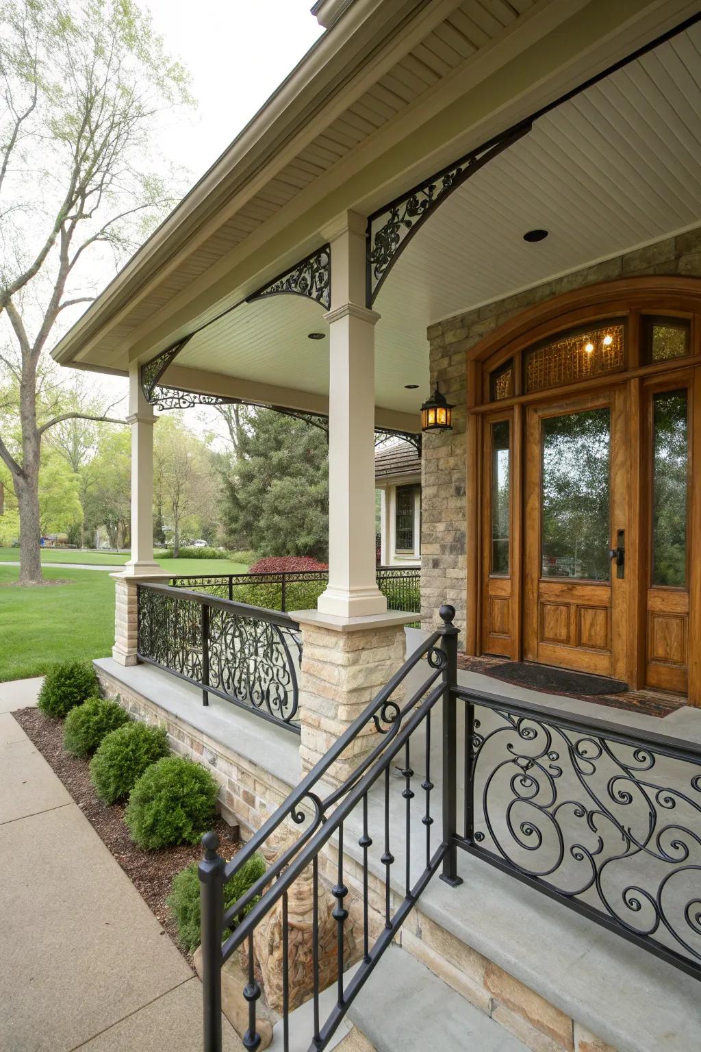 Wrought iron railings that perfectly match the home's architecture.