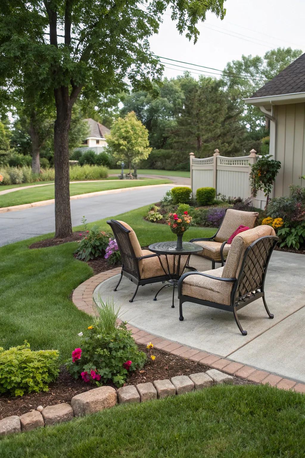 A cozy sitting area on a corner lot perfect for relaxation and gatherings.