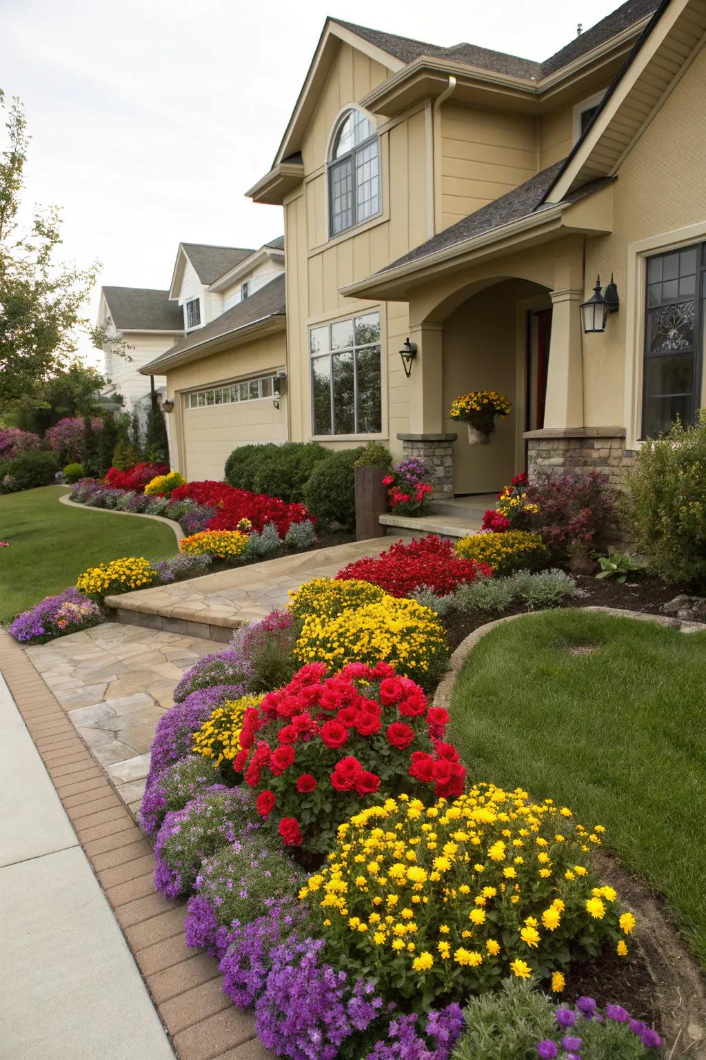 Sync your garden hues with your home’s facade for a unified look.