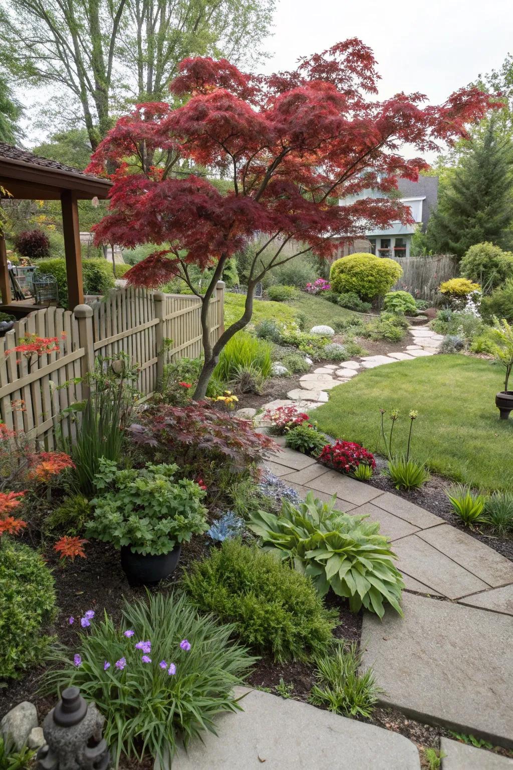 Layered planting with ground covers and shrubs enhances the visual interest of the Japanese maple.
