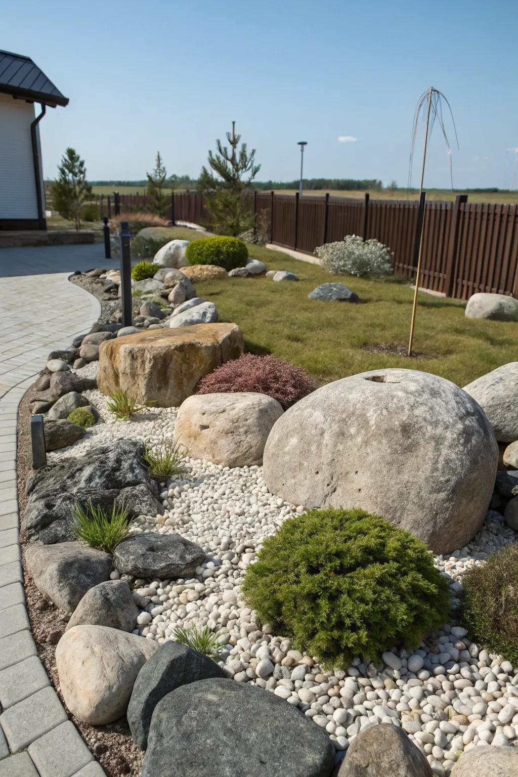A rock garden featuring a mix of stones, rocks, and crushed stones.