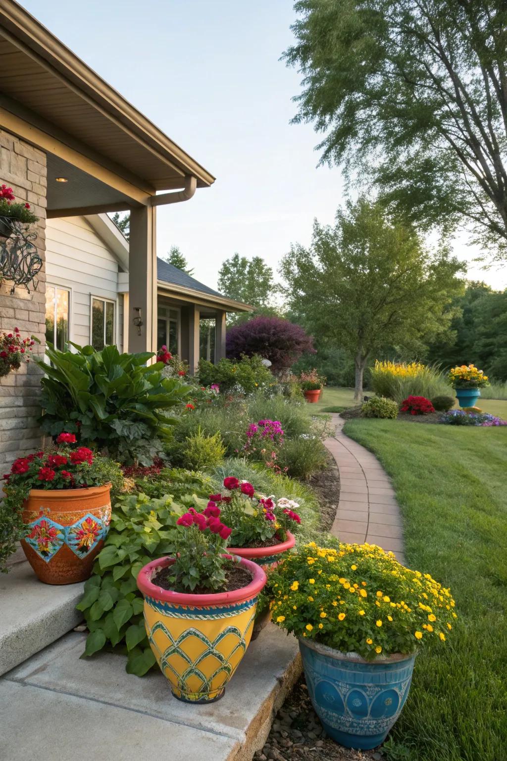 Decorative pottery introduces color and texture, creating garden focal points.