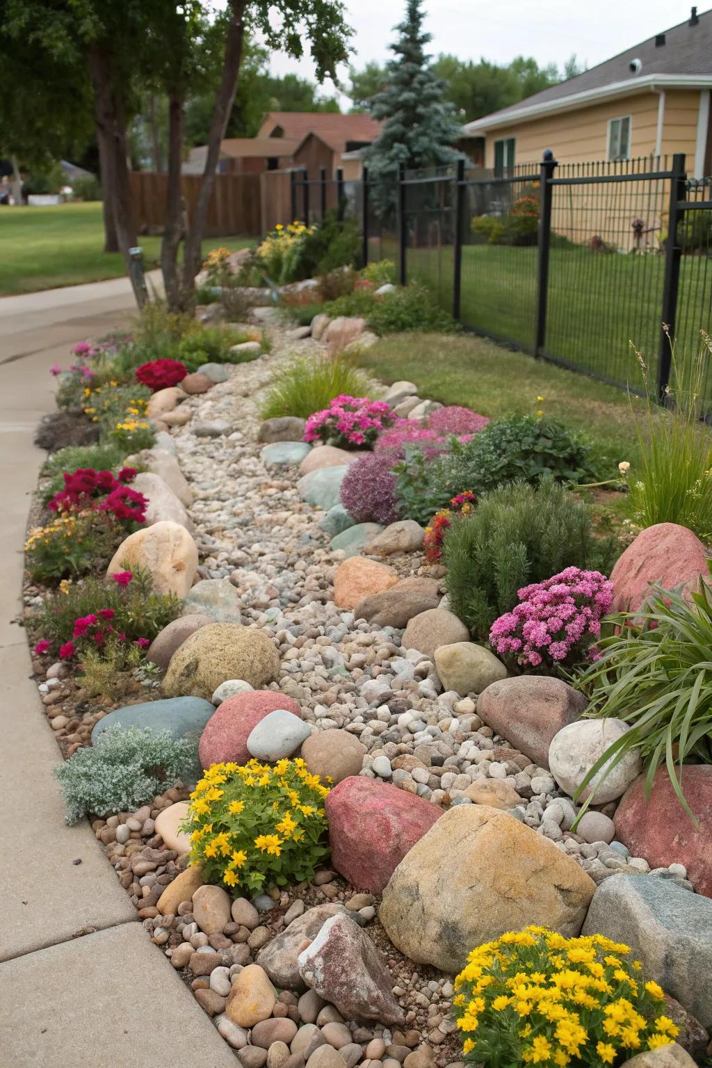 Colorful elements introduce a playful dimension to the yard.