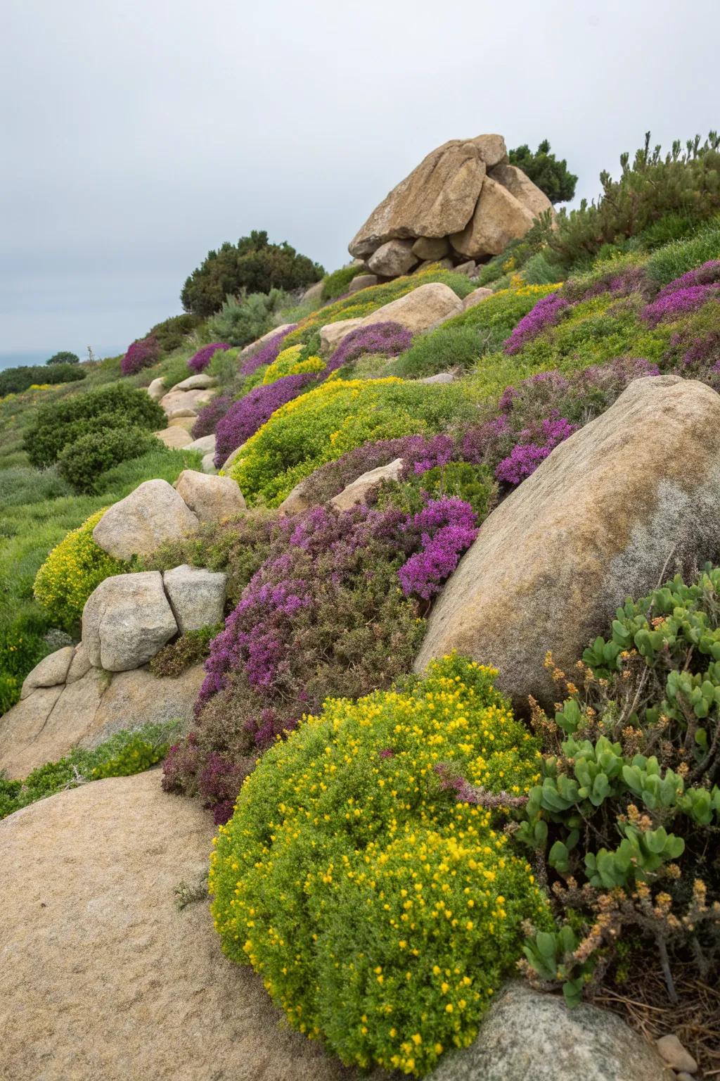 Vivid colors meet earthy stones for a striking effect.