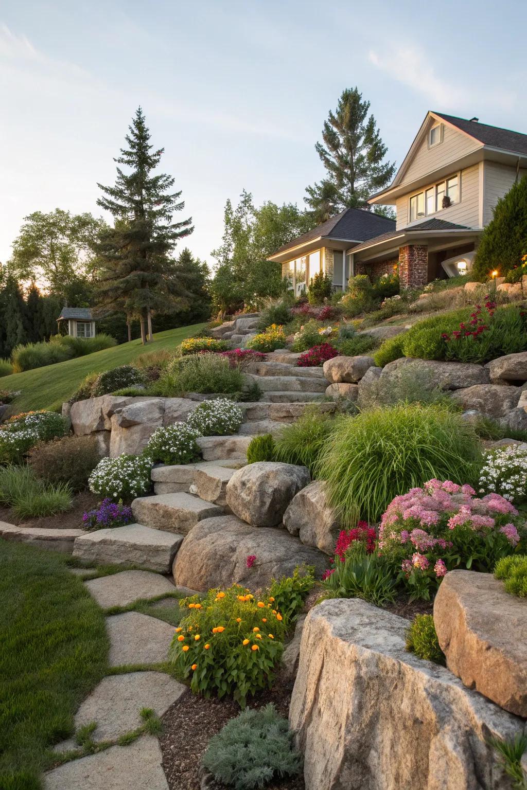 Add depth with multilevel garden designs using large rocks.