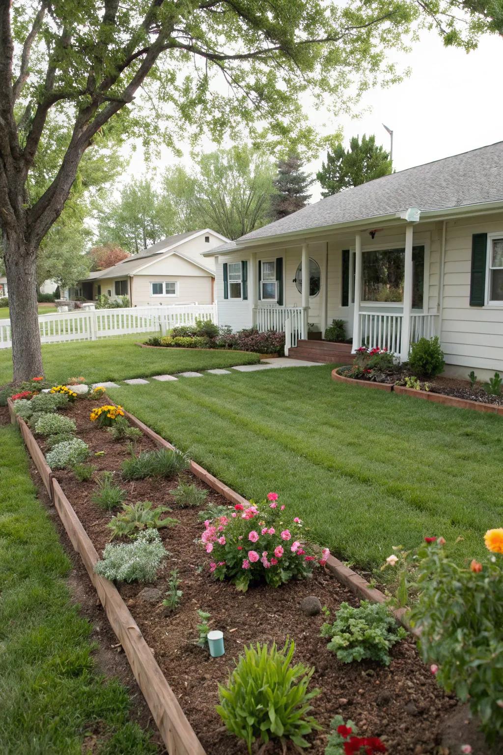 Meticulously maintained garden beds show a polished front yard