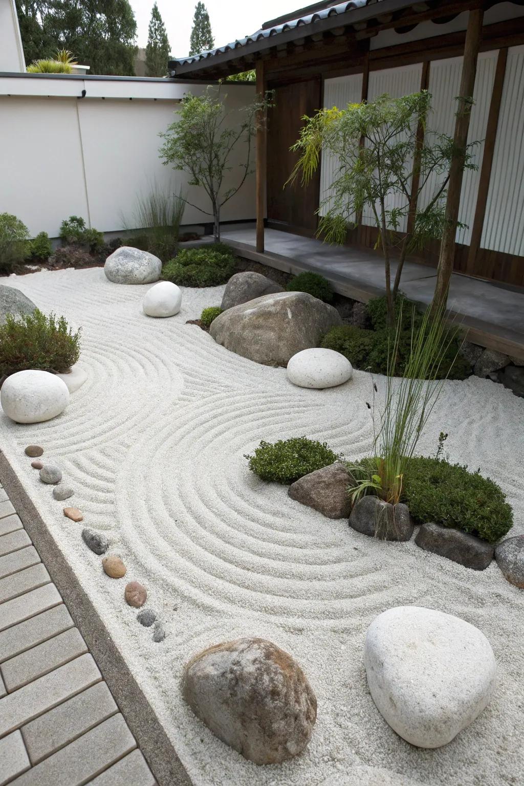 Zen gardens offer a tranquil retreat with simple rock arrangements.