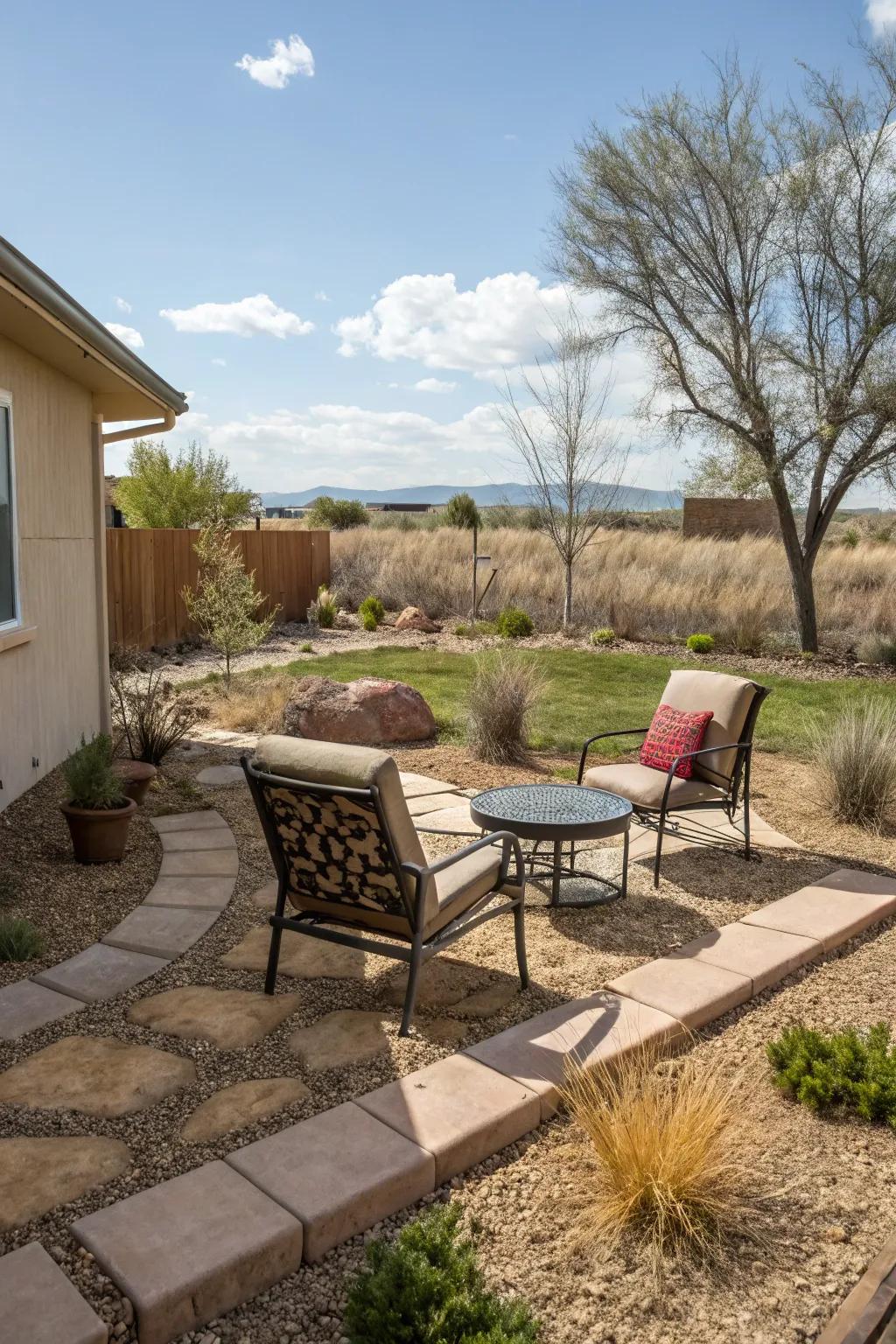 An inviting outdoor seating arrangement nestled in a carefully designed xeriscape.