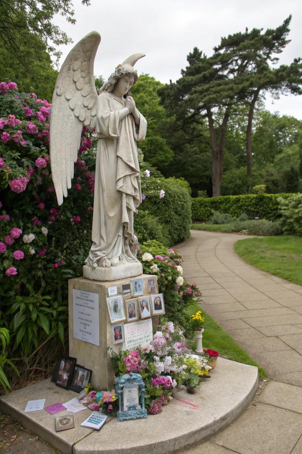 A personalized angel adorned with family memorabilia.