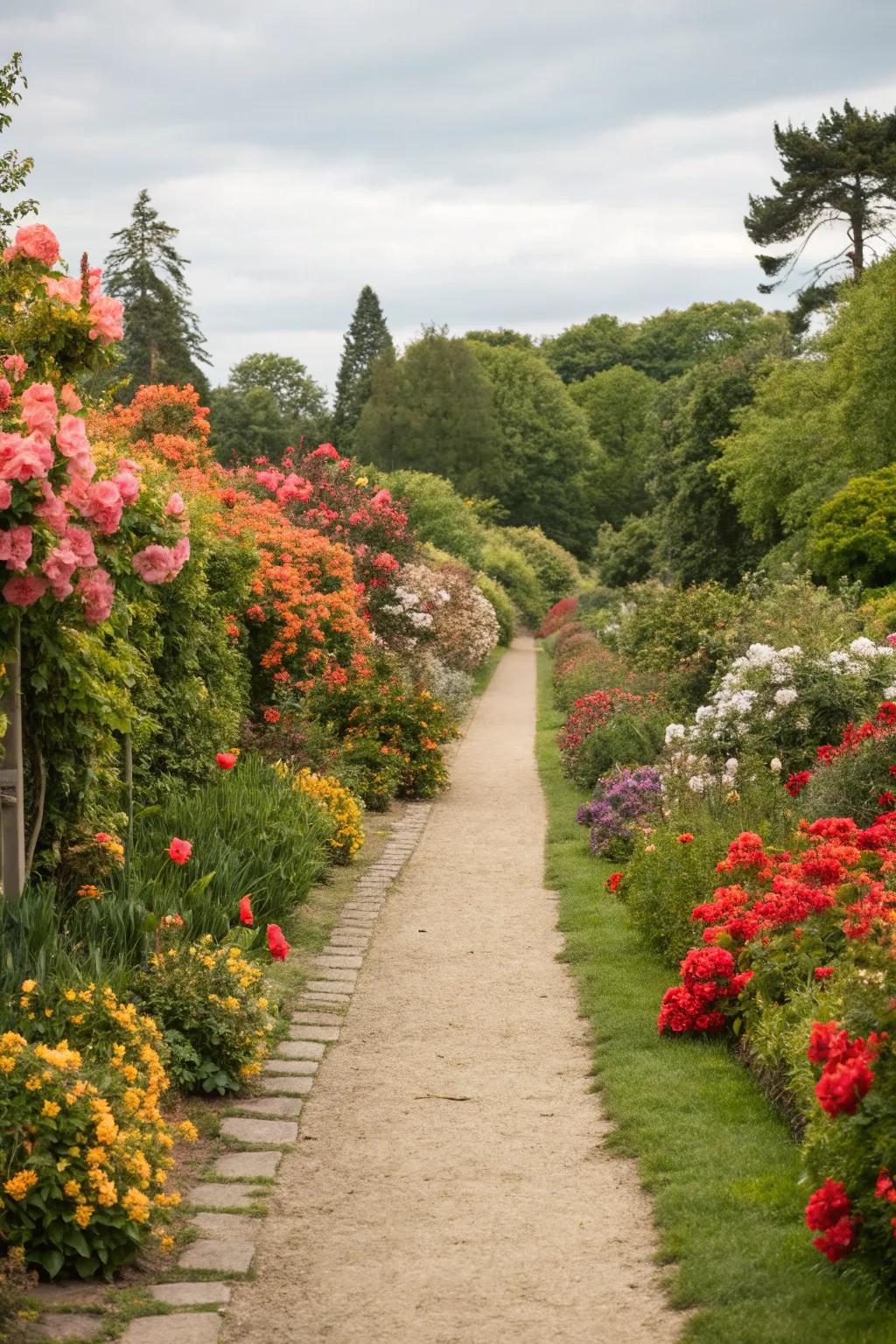 Lively floral borders add color and mark garden pathways.