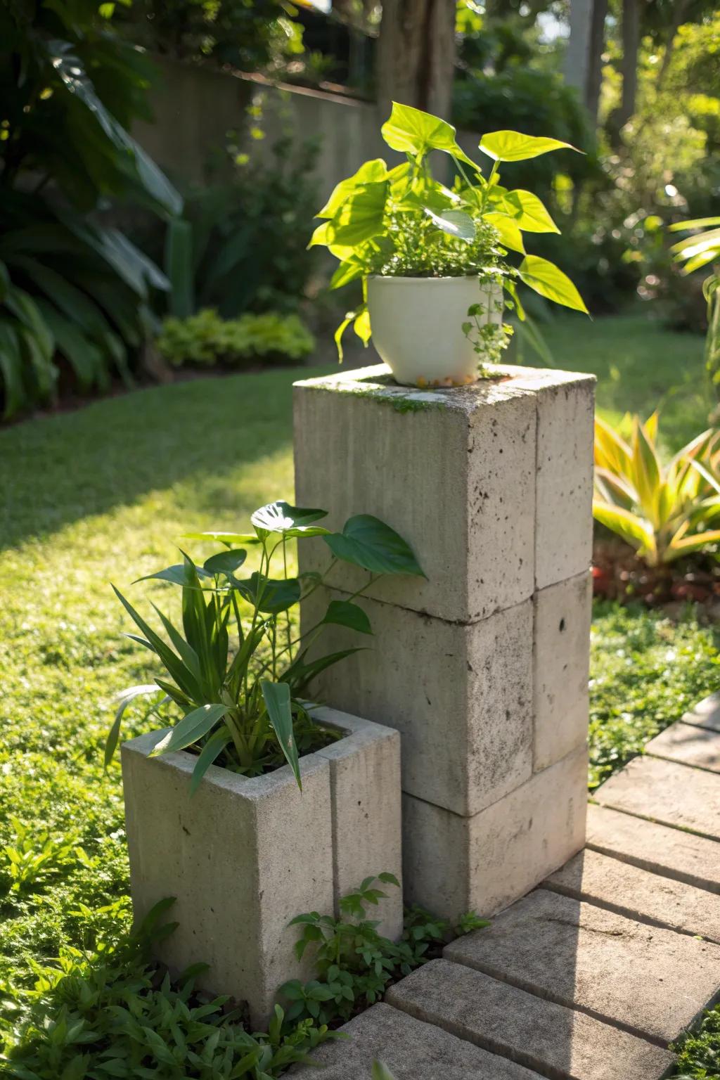 Transform your garden with minimalist elegance using artistic concrete block stands.