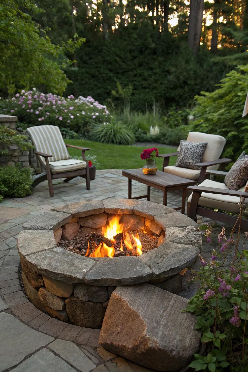 A snug inherent stone bonfire enclosure ideal for evening assemblies.