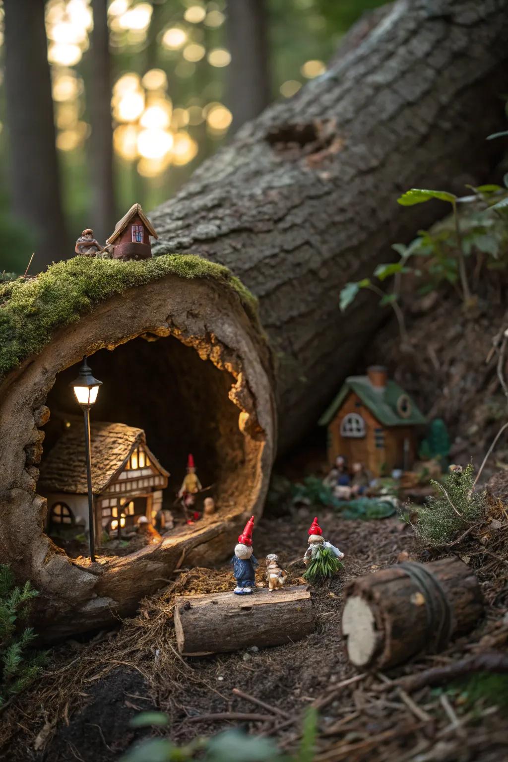 A concealed gnome hamlet nestled inside a log.