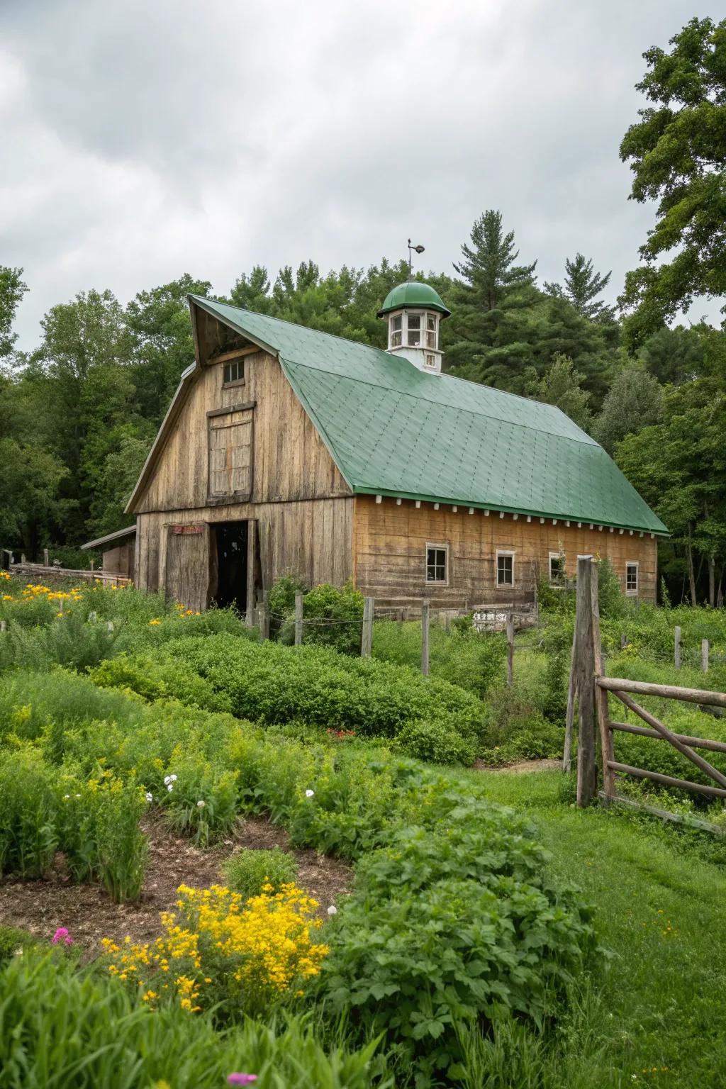 A botanical roof enhances heat retention and charm in an eco-friendly manner.