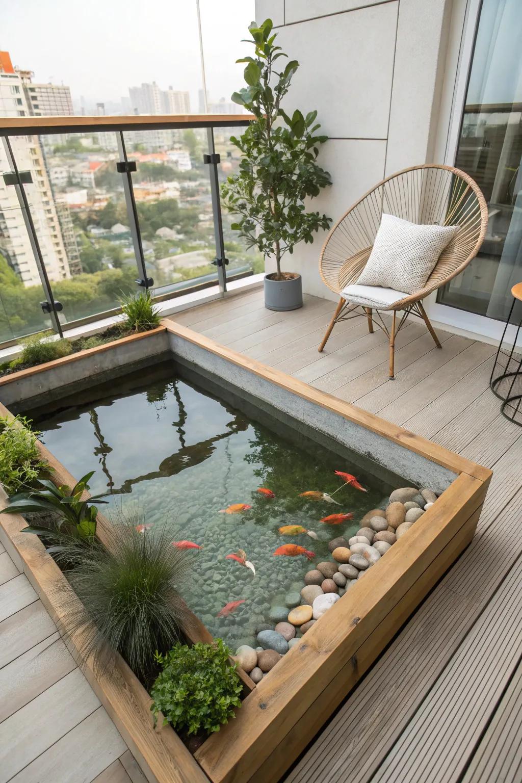 Transform your balcony into a serene urban oasis with a minimalist goldfish pond.