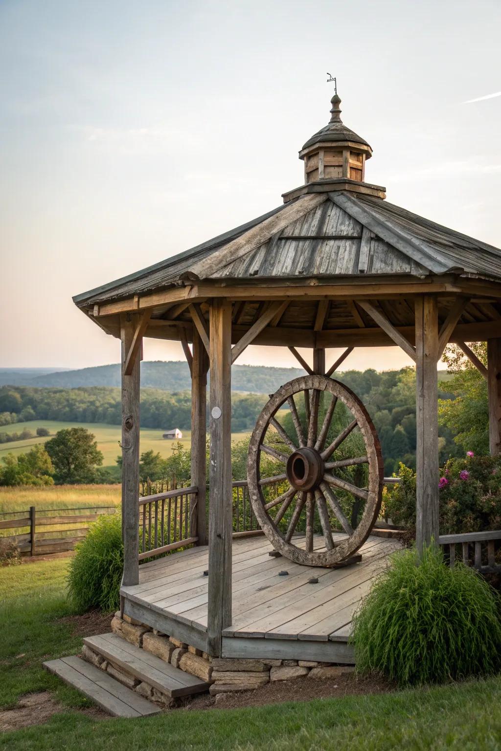 Transform your grain bin gazebo with the timeless charm of vintage wagon wheels.