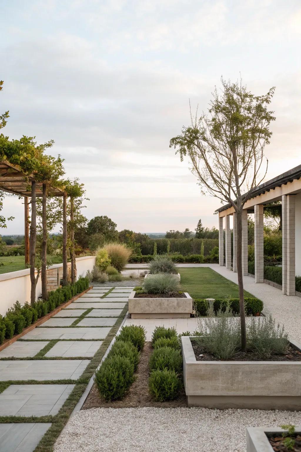 Minimalist gardens provide a peaceful retreat.