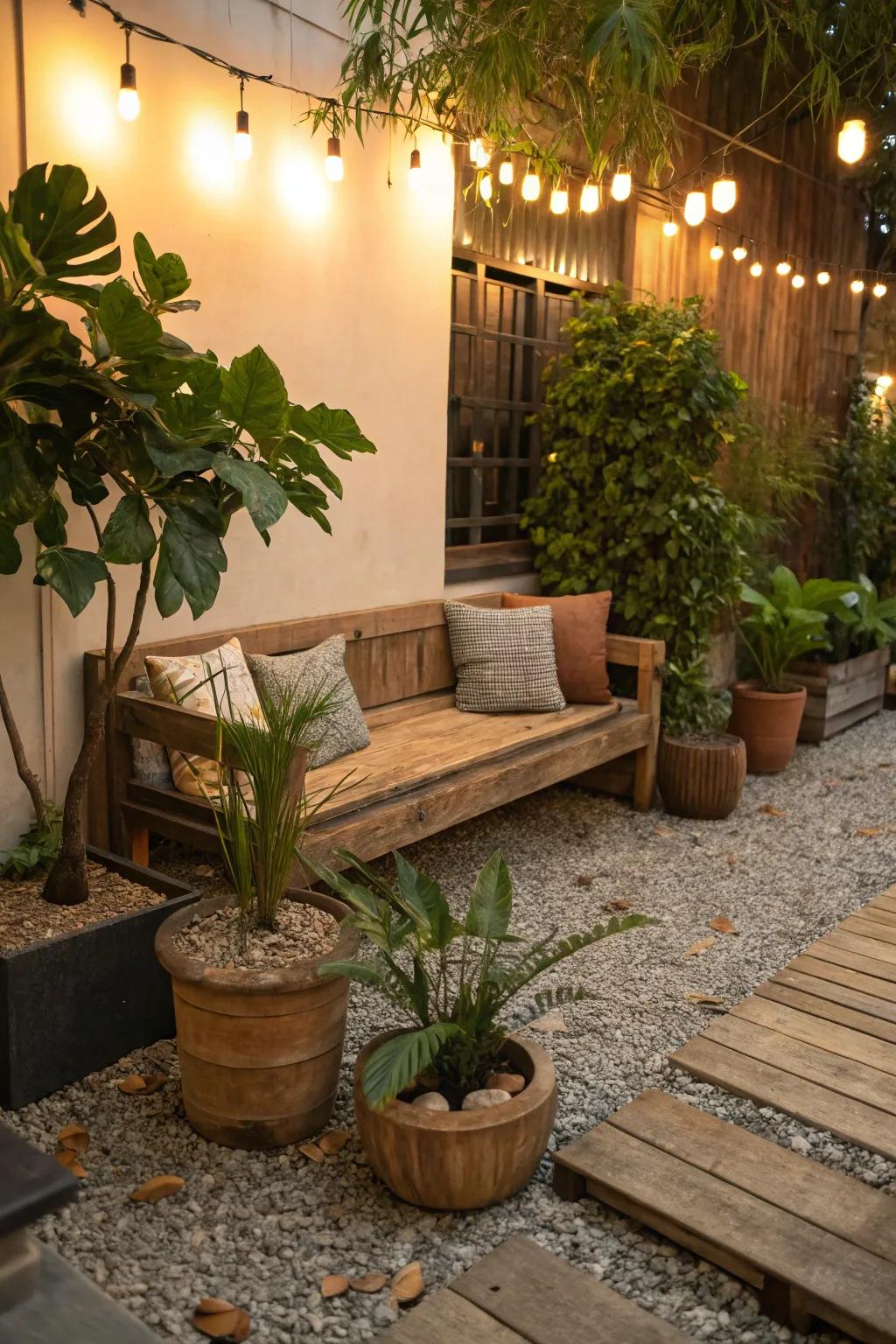 A seating area nestled among potted plants in a gravel garden.