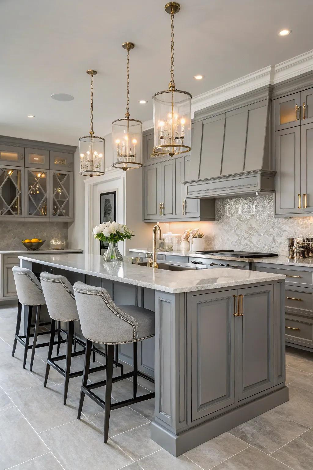 Elegant suspended lighting heightens the sophistication of gray cabinets.