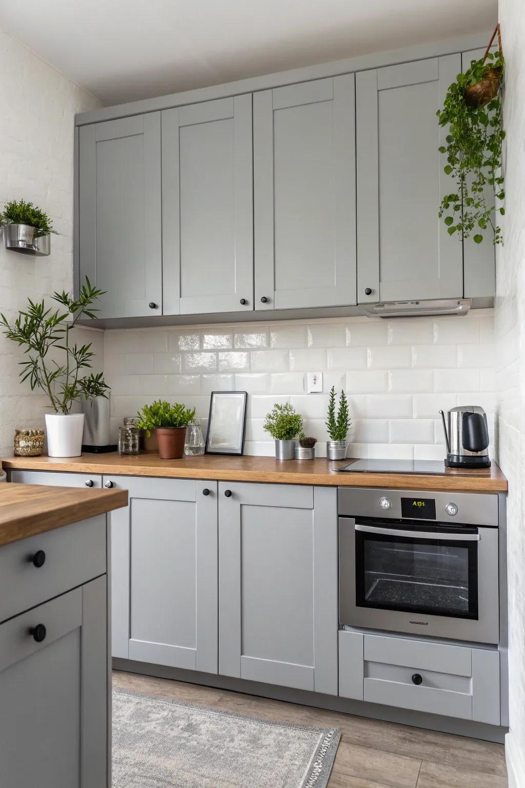 Understated decor enhances the serene ambiance of a gray kitchen.