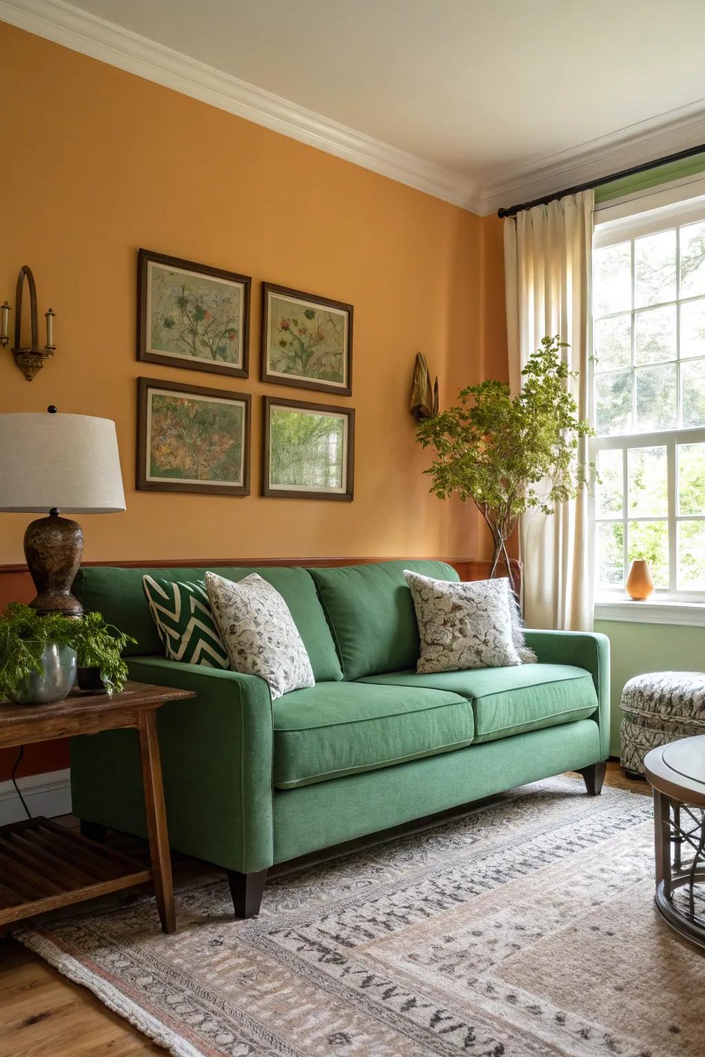 An emphasized wall can beautifully highlight a green couch, adding depth to the room.