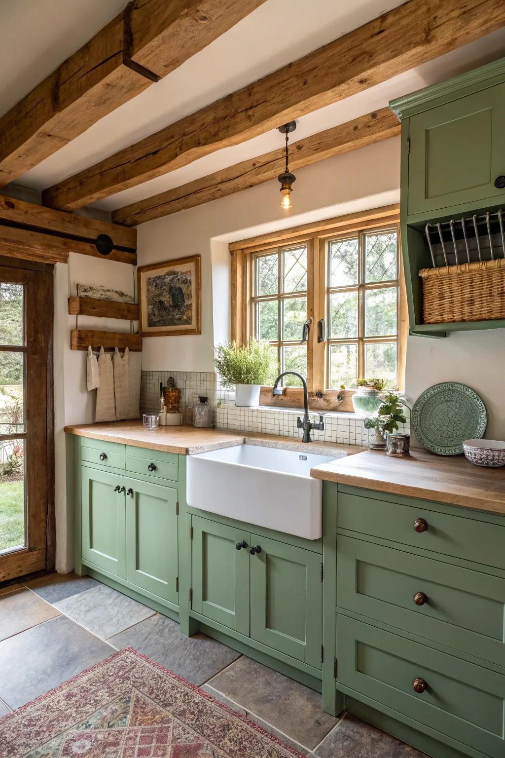 Green cabinets paired with homestead features create a cozy kitchen.