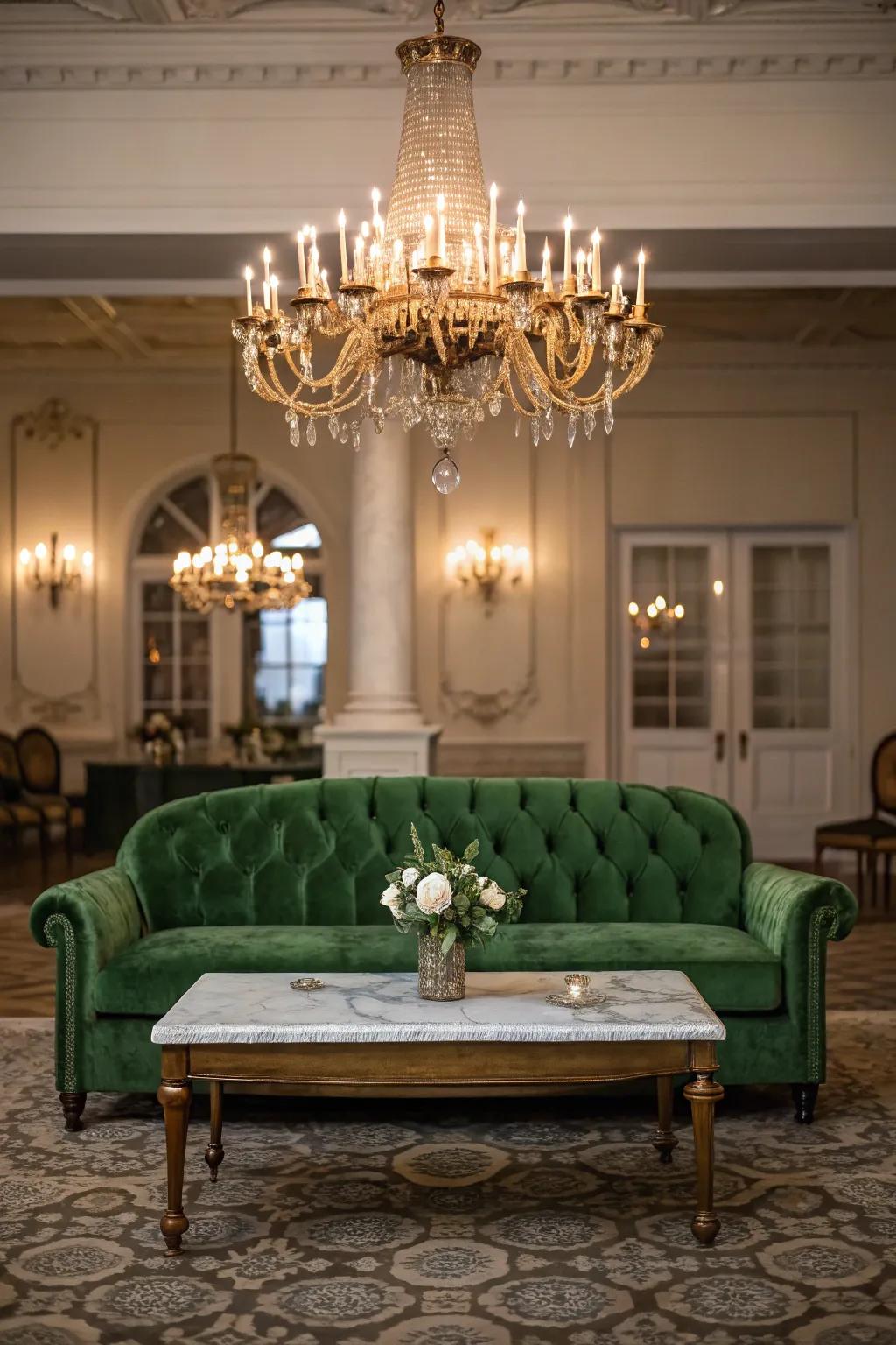 A charming living space exhibiting an emerald plush sofa and historic decor.