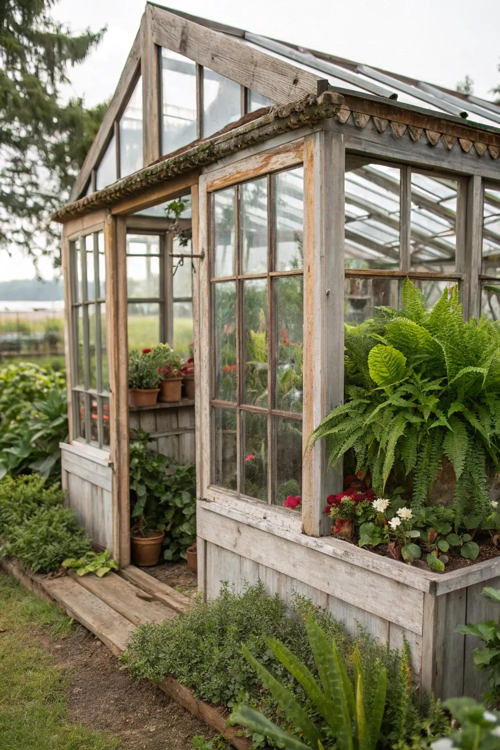 An imaginative greenhouse built from reclaimed transparent panes.