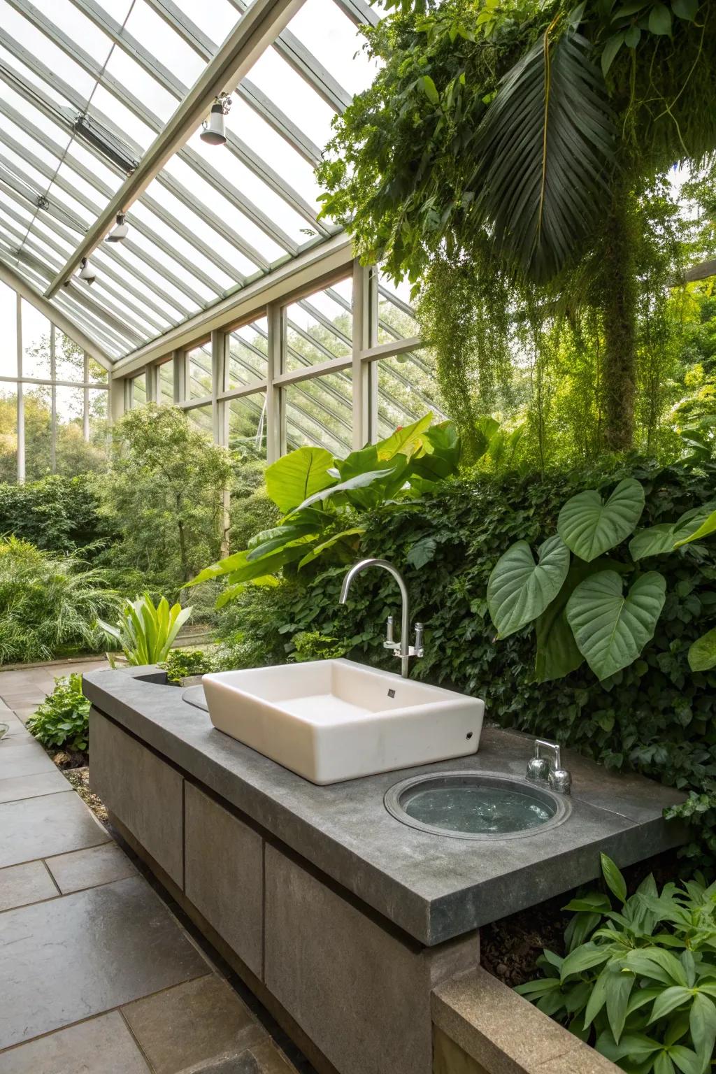 An integrated water design adds peace to a greenhouse area.