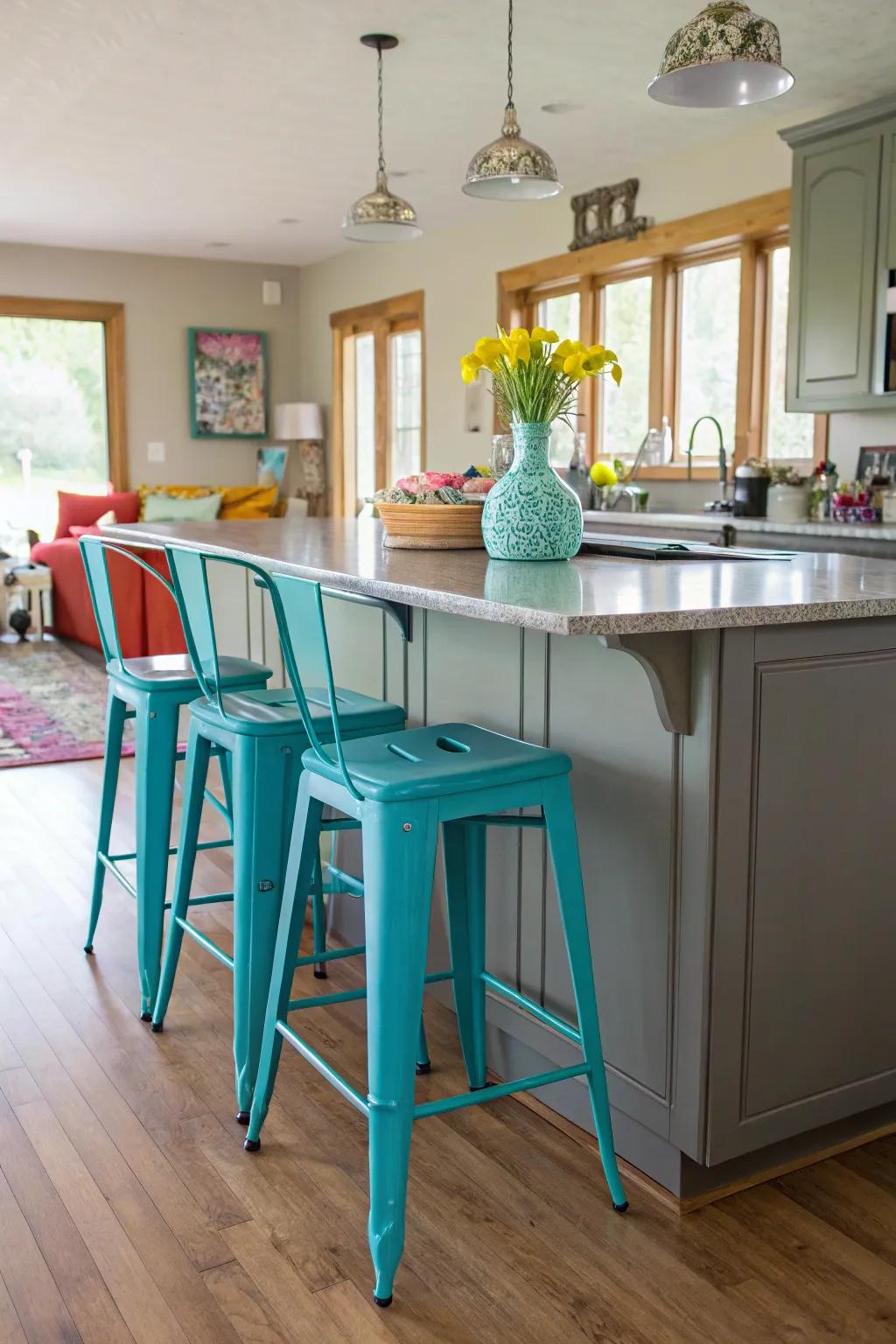 Aqua bistro seats inject a fun splash of color into the kitchen.