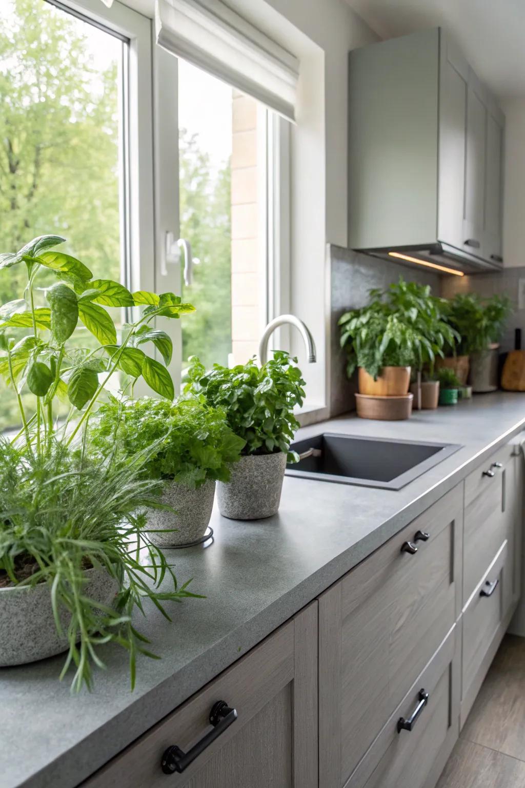 Grey worktops are paired with lively green plants.