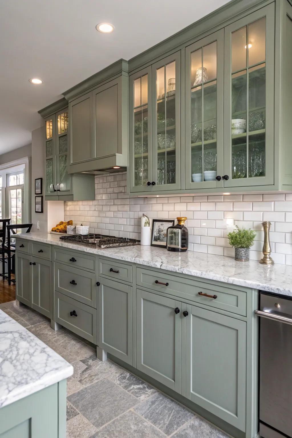 Shaker style grey-green cabinets bring a timeless versatility to any kitchen.