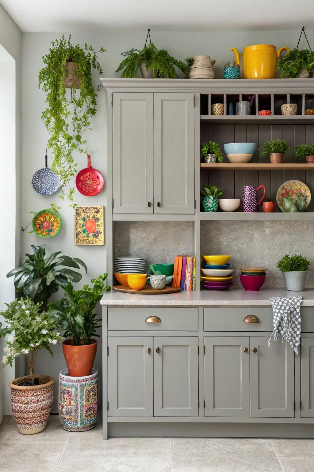 Add personality with decorative accents against grey cabinetry.