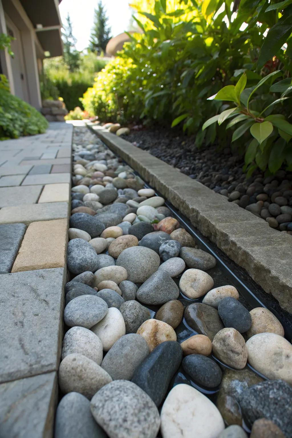 Elevate your gutter design with the timeless beauty of river rock craftsmanship.