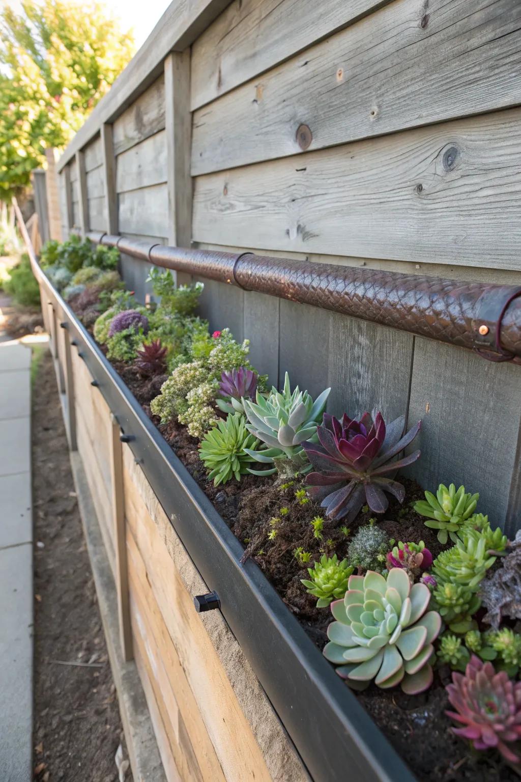 Elevate your space with a captivating succulent gutter garden - where rustic meets refined.