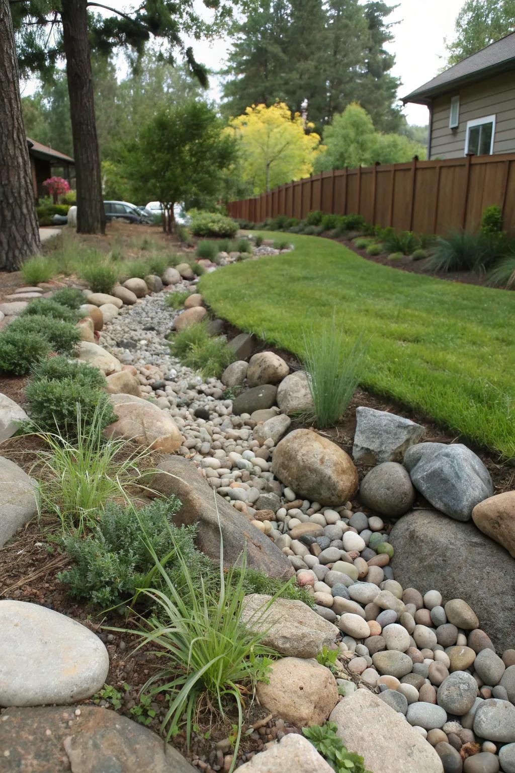 Transform your backyard with a rustic dry creek bed that artfully conceals storm drains.