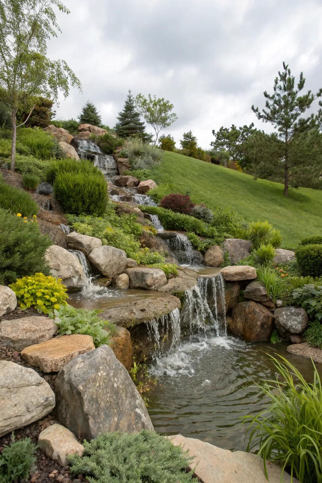 Water elements like waterfalls add peace to hillside gardens.