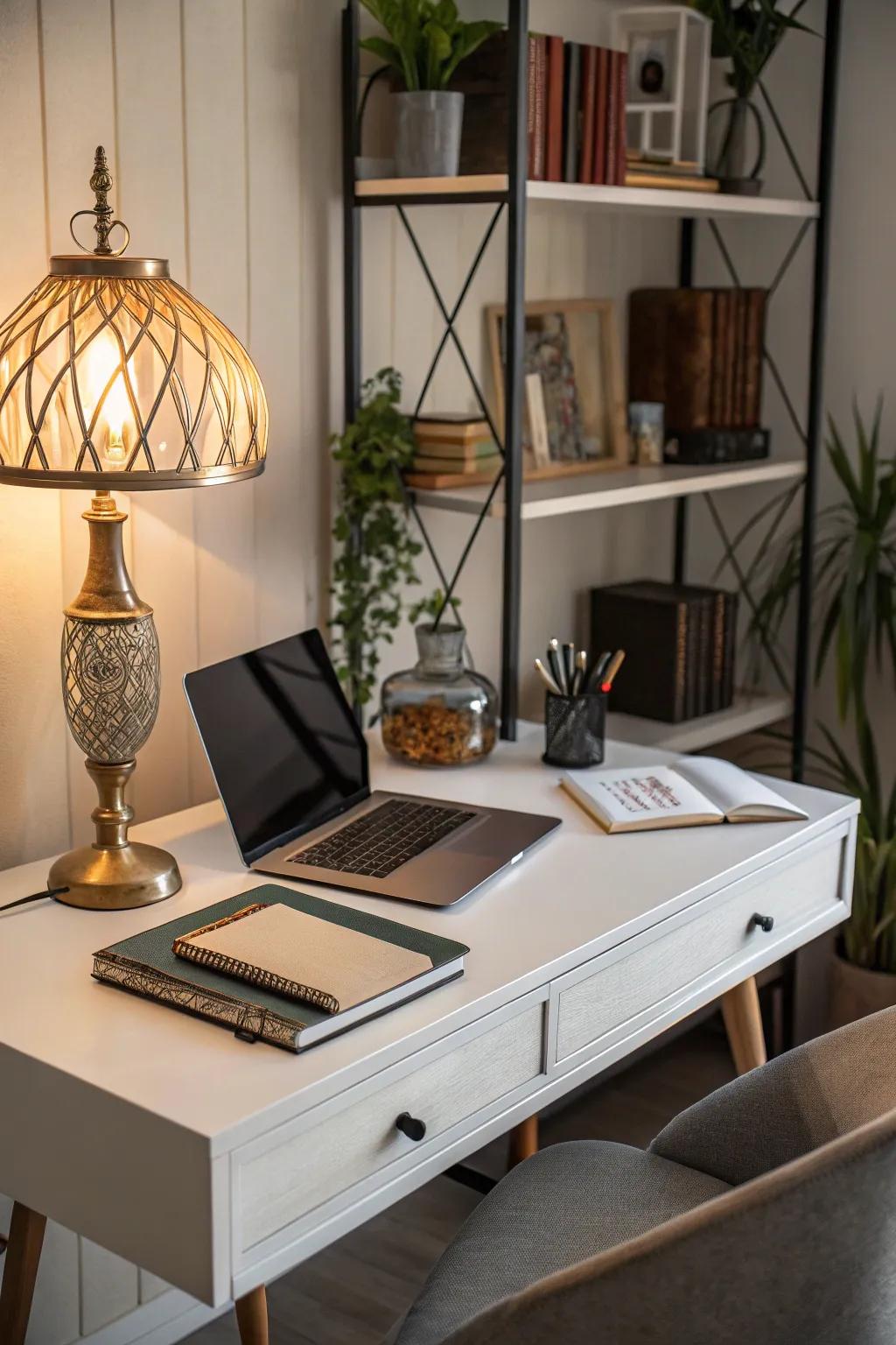 A mix of contemporary and antique aspects creates a unique home office style.